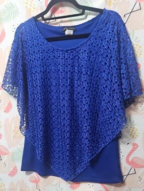 Mandy Evans blue crocheted look top bell see threw-sleeves size Med roya…